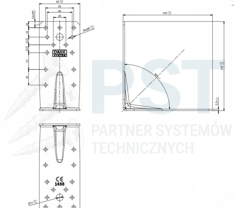 Kątownik montażowy 140x140 - rysunek techniczny