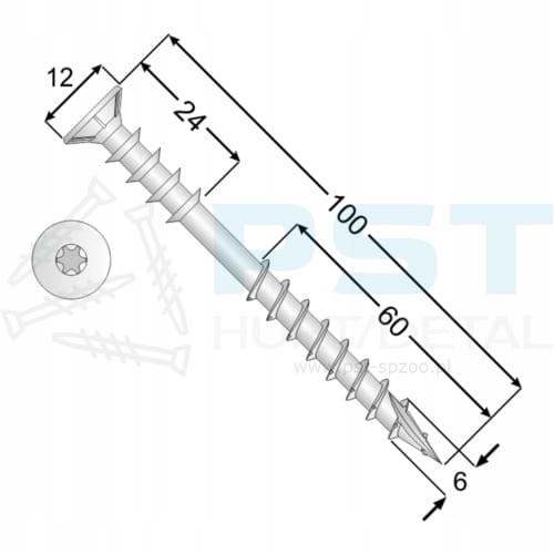 DOMAX WDS 6x100 mm – wkręty regulacyjne do poziomowania łat - rysunek z wymiarami