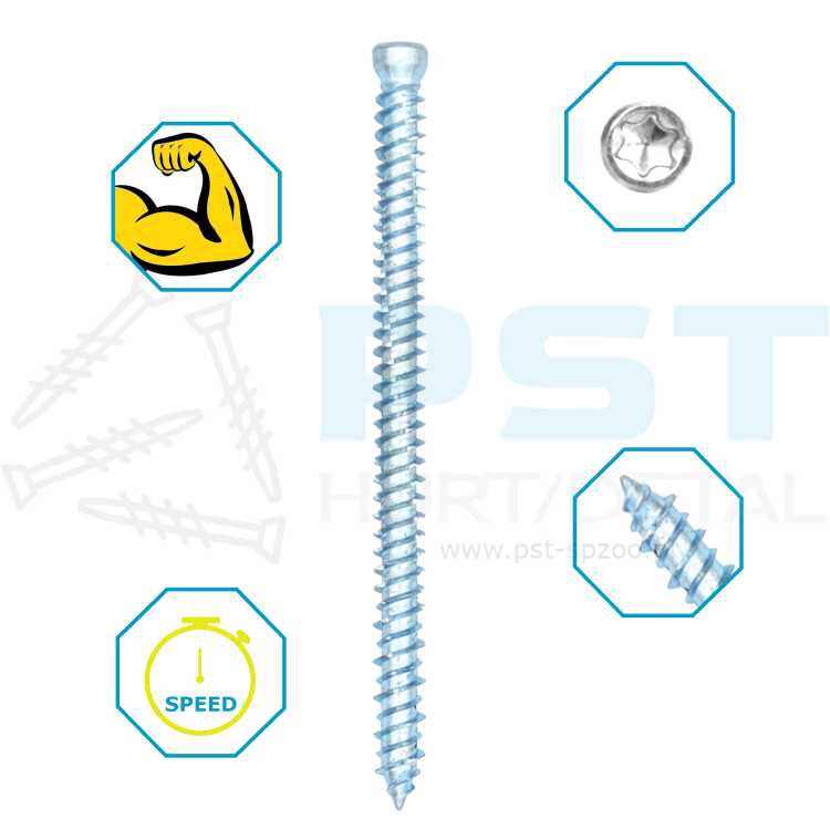 wkręty do betonu 7,5x212 walcowe- wkręt w części centralnej, dookoła grafika z zaletami wkręta