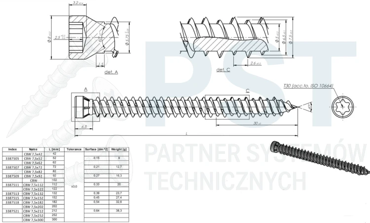 wkręt do ościeżnic 7,5x52 cbw rysunek techniczny wkręta