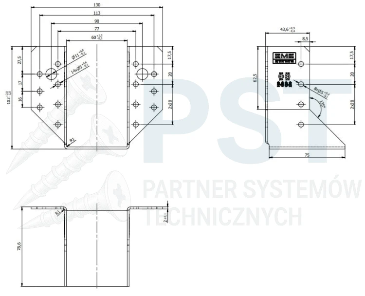 WB14 WIESZAK BELKI WSPORNIK ŁĄCZNIK CIESIELSKI 60x100x75x2,0