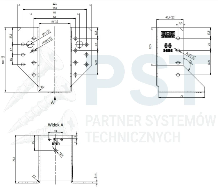 WB10 WIESZAK BELKI WSPORNIK ŁĄCZNIK CIESIELSKI 51x105x75x2 OCYNK ATEST