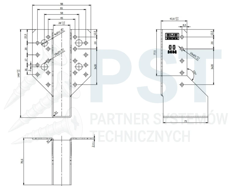 WB41 WIESZAK BELKI 28x146x75x2,0 WSPORNIK ŁĄCZNIK CIESIELSKI KROKWI OCYNK