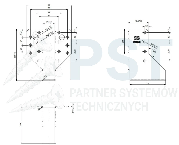 WB40 WIESZAK BELKI 25x107x75x2,0 WSPORNIK ŁĄCZNIK CIESIELSKI KROKWI OCYNK