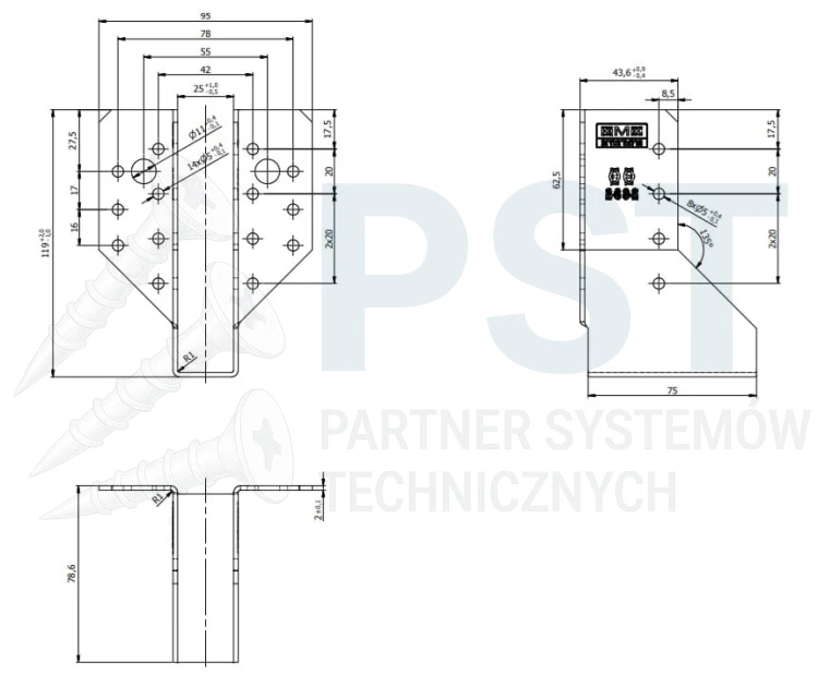 WB1 WIESZAK BELKI 25x118x75x2,0 WSPORNIK ŁĄCZNIK CIESIELSKI KROKWI OCYNK