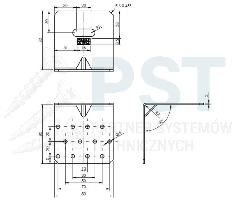 KMRP2 Kątownik montażowy 80x80x80x2,0 Kątownik regulowany wzmocniony Łącnik ciesielski