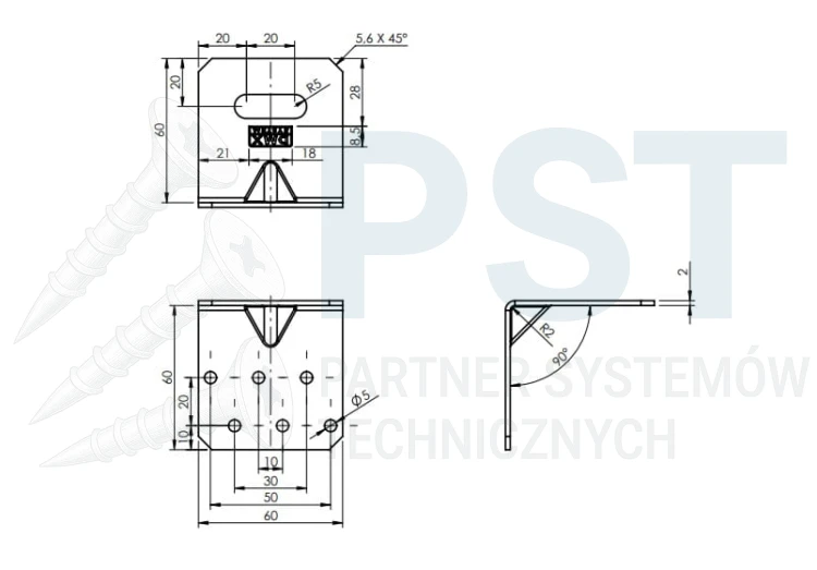 KMRP1 Kątownik montażowy 60x60x60x2,0 Kątownik regulowany wzmocniony Łącnik ciesielski