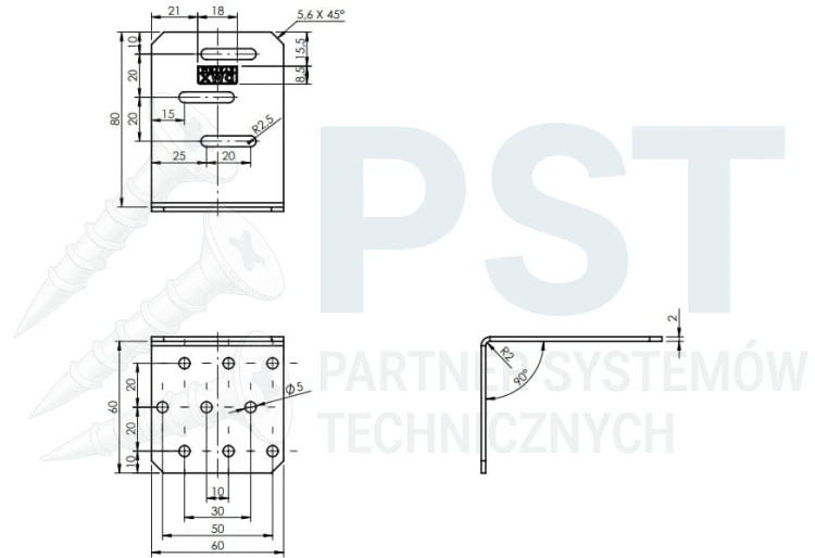 KMR1 Kątownik montażowy 60x80x60x2,0 L Kątownik regulowany Ocynk Łącnik ciesielski