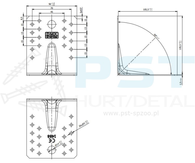 KPS2 KĄTOWNIK MONTAŻOWY ŁĄCZNIK Z PRZETŁOCZENIEM 105x105x90x1,5  DOMAX