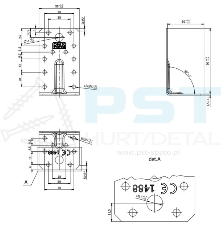 KPS3 KĄTOWNIK MONTAŻOWY ŁĄCZNIK Z PRZETŁOCZENIEM 90x50x55x1,5  DOMAX