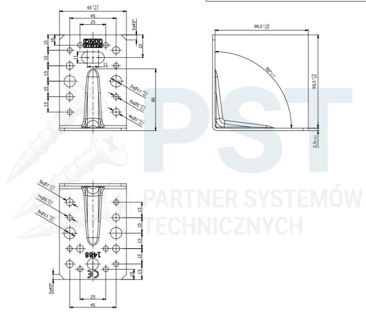 KP11 Kątownik montażowy 90x90x65x2,5 Łącznik ciesielski wzmocniony
