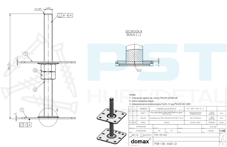 Podstawa słupa regulowana gwintowana 130x250x3,0 M20