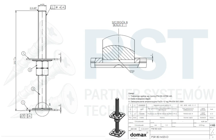Podstawa słupa regulowana gwintowana 80x250x3,0 M20