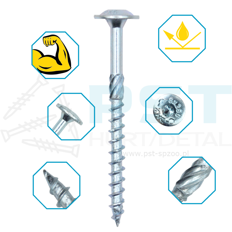 Wkręty Ciesielskie do drewna 6X260 mm  100szt z łbem podkładkowym ZNG Domax