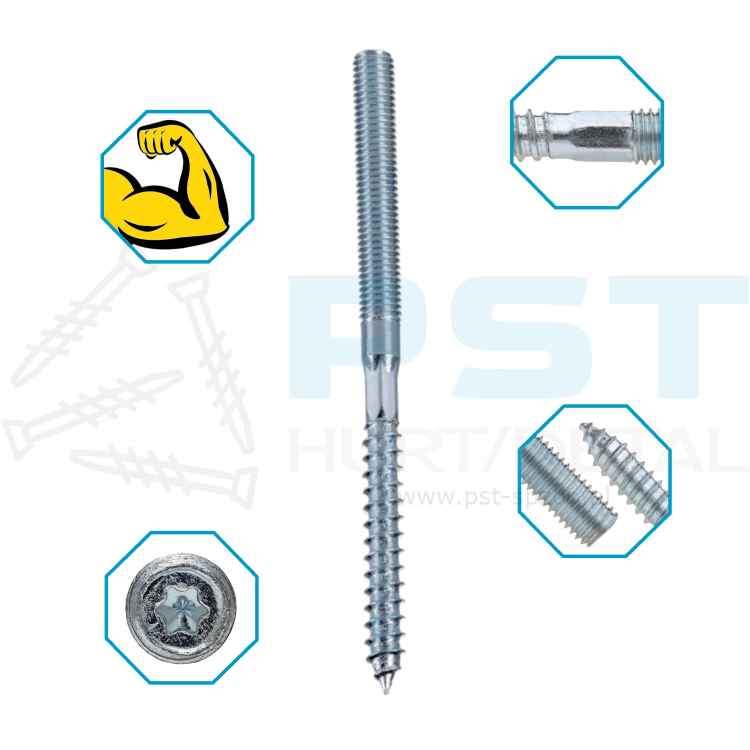 SZPILKA DWUSTRONNA DO DREWNA M8  8 x 60 mm ŚRUBA DWUGWINTOWA 250 SZT